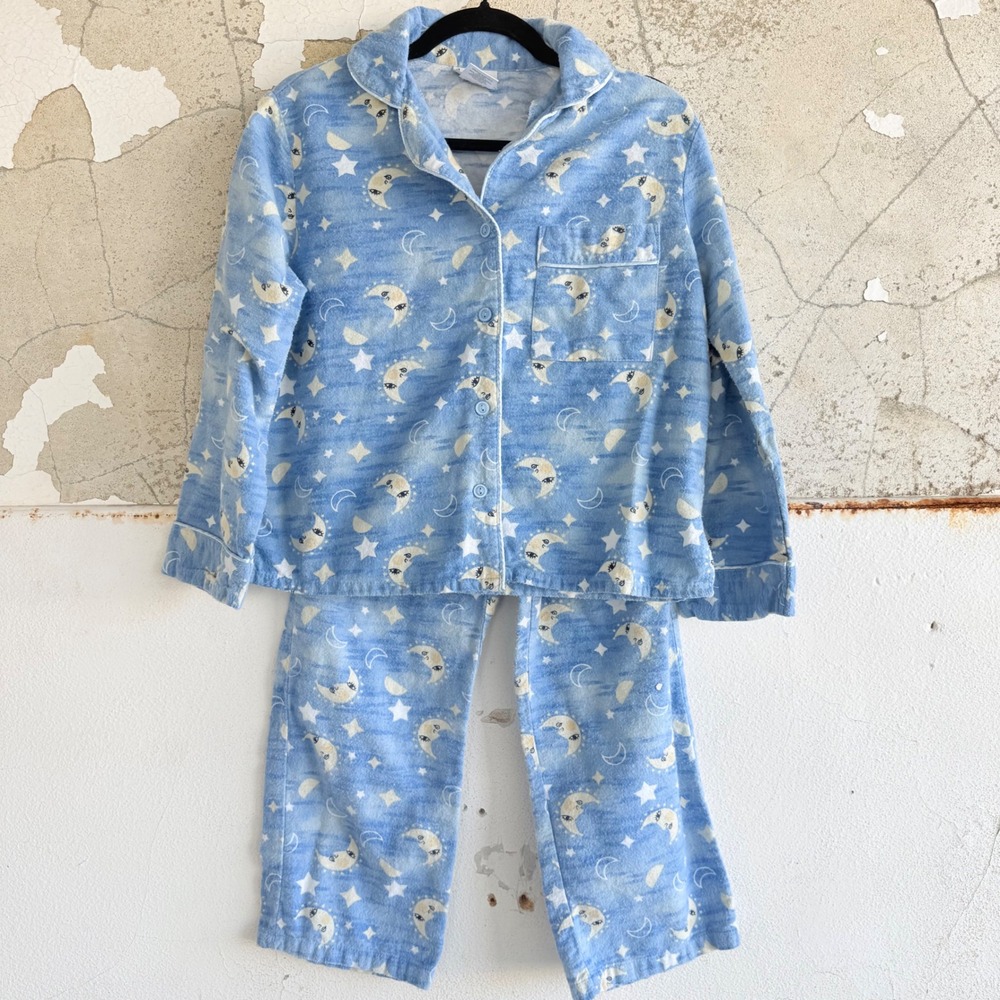 Celestial Moon Stars Pajama Set Blue Flannel Button Up Long Sleeve PJs Womens‎ S